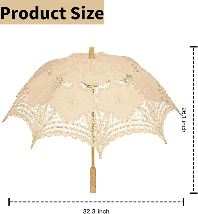 Lace Parasol Umbrella 32 Inch – Victorian Style Bridal Wedding Sunshade for Women, Lace Umbrella for Photoshoot, Tea Party, Costume, Outdoor Decoration