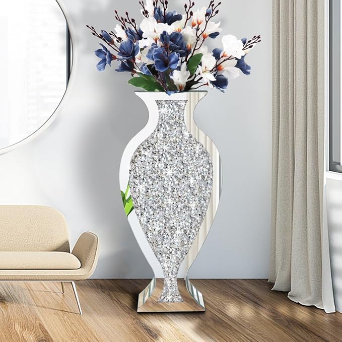Tall Floor Vase S Crushed Diamond Mirrored Vase 27” Tall, Crystal Silver Glass Decorative Mirror Large Vase Luxury for Home Decor Flower Arrangement Can’t Hold Water.