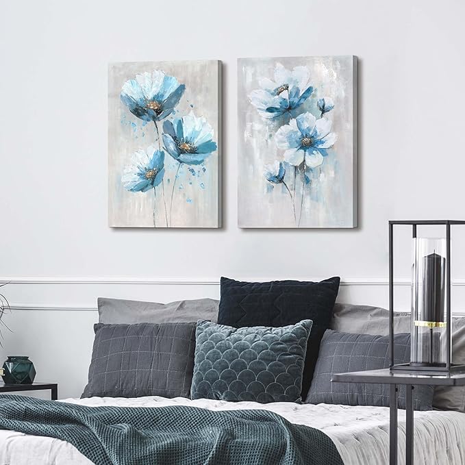 Flower Picture Canvas Wall Art: 2 Pieces Teal Floral Abstract Prints Artwork Vintage Turquoise Bouquet Botanical Painting for Bedroom Living Room Bathroom Home Office