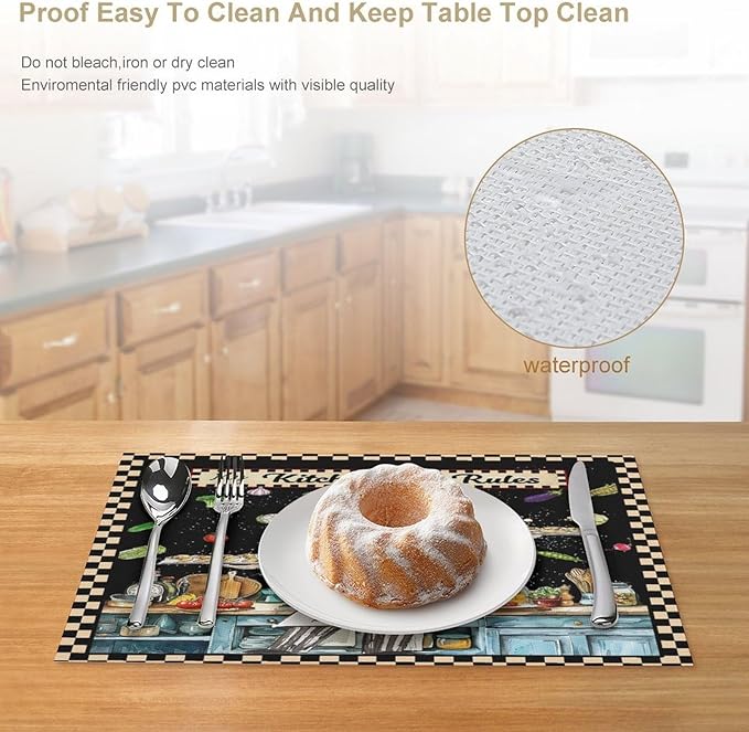 Gourmet Chef Placemats Vintage Rustic Plaid Cutlery Knives Cooking Vegetables Fruits Kitchen Utensils ation Placemats Table Kitchen Dining Party 12x18 Inch Set of 6