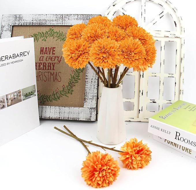Tinsow 12 Pcs Artificial Chrysanthemum Flowers Orange Faux Ball Flowers Autumn Mums Florals Wedding Bouquet for Fall Farmhouse Home Kitchen Decoration (12, Orange)