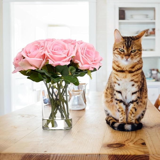 BLEUM CADE Luxury PU Fake Flowers in Vase with Faux Water, Pink Real Touch Roses Artificial Flowers with Glass Vase for Office Home Dining Room Centerpiece Table Decorations