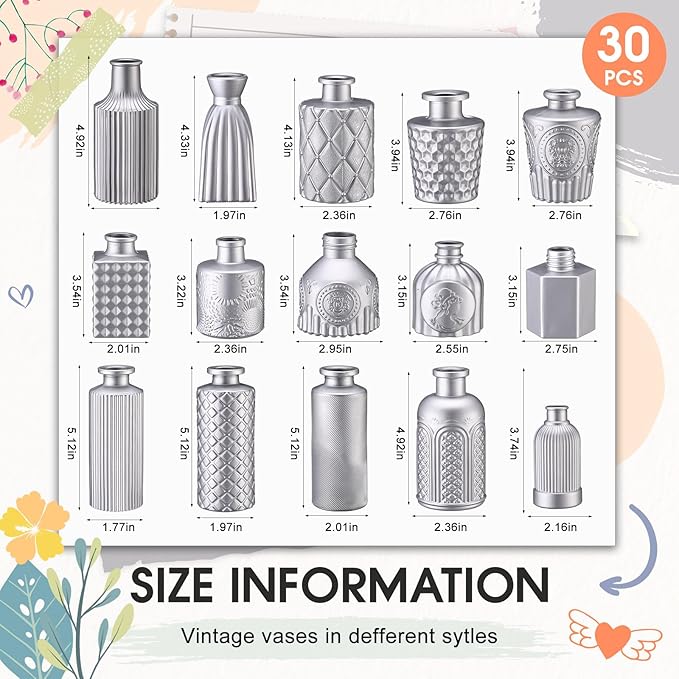 Yaomiao 30 Pcs Vases Bulk Colored Flower Glass Christmas Vases Bud Vintage Colored Glass Bottles Colorful Rustic Embossed for Home Wedding Table Decorations Gifts(Silver Series)