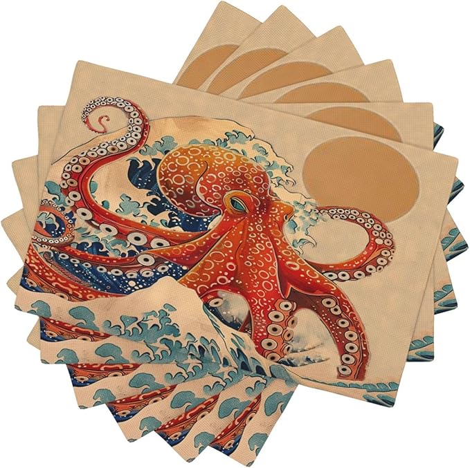 Retro Octopus Placemats Set of 6 Washable Table Vintage Japanese Wave Heat-Resistant Cotton Linen Place Mats for Dining Table Kitchen Indoor Outdoor Party Holiday Decor