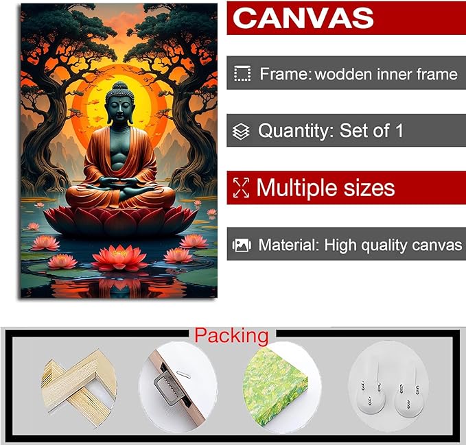 Canvas wall art Golden Buddha on lotus at sunset Ancient trees with reflections on water Serene meditation scene Uplifting wall art for mindfulness and tranquil home decor 24x36in Wood Framed