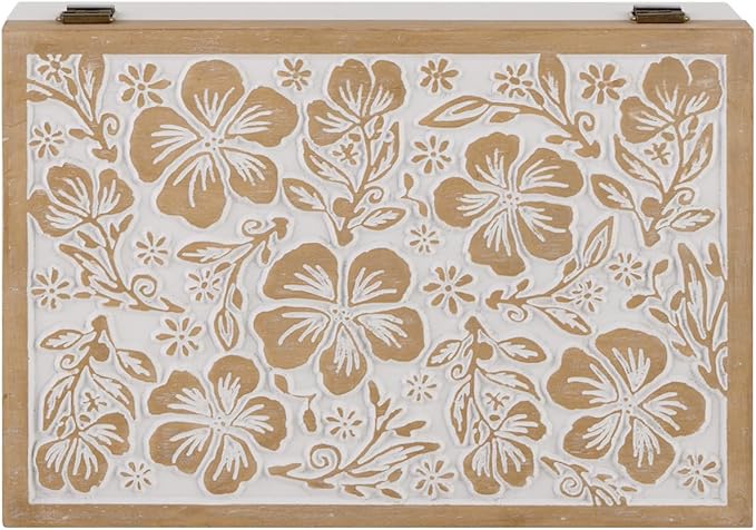 Wooden Keepsake Box - Decorative Floral Wood Boxes with Hinged Lid, Flower Engraved Design, 10.24" W