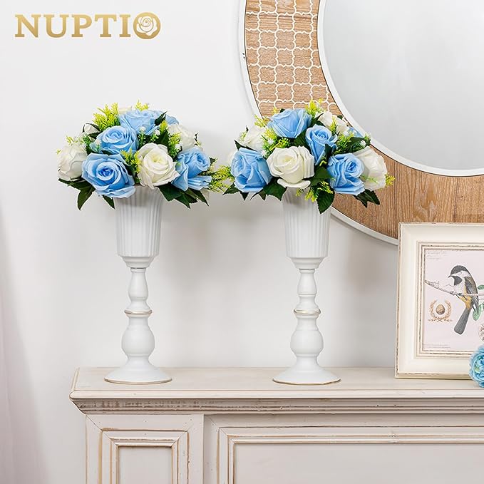 Nuptio 2 Pcs Flowered Metal Trumpet Vase Elegant Wedding Centerpieces Vase for Wedding Party Decoration, 23.2cm Tall Artificial Flower Arrangements for Anniversary Ceremony, White
