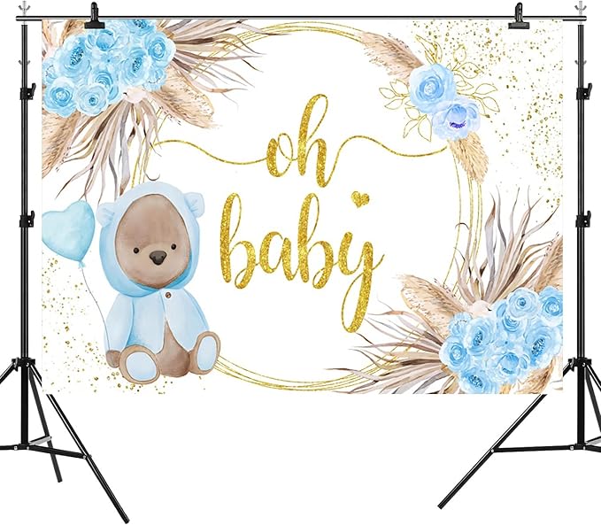 9x6ft Baby Shower Backdrop Oh Baby Photography Background Bear Blue Flowers Boho Leaves Heart Balloon Gold Dots Kid Birthday Party Banner Decorations Newborn Gender Reveal Photo Booth Prop
