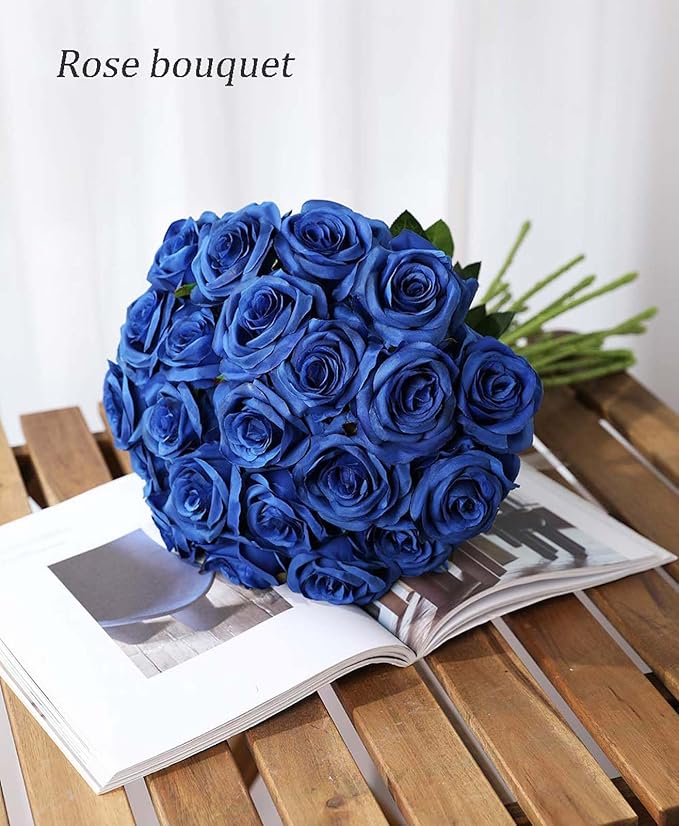 Laelfe 12 pcs Artificial Blue Roses Flowers Long Stem Fake Silk Rose for Home Wendding Decorations (Blue)
