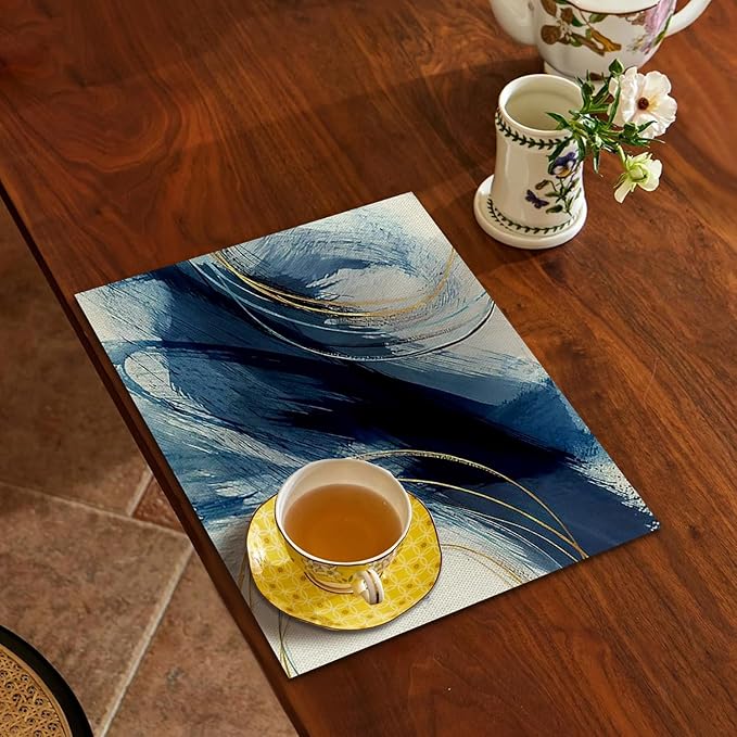 Navy Blue and White Placemats Set of 4, Modern Abstract Contemporary Placemats Table Mats Place Mats for Kitchen Dining Table Winter Holiday Party Decoration 16.9x11.4 Inch