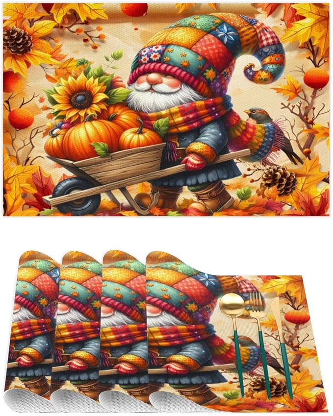 Autumn Gnome Pumpkin Flower Placemats Set of 6 PVC Vinyl Non Slip Table Mats Heat Resistant Place Mats Washable Wipeable Dining Table Mat for Kitchen Decor Party Indoor Outdoor Decorative Gift