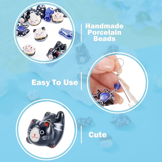 Beadthoven 12pcs Lucky Animal Ceramic Beads 3D Black Blue Handmade Porcelain Craft Beads Cute Fish Cat Shaped Floral Printed Animal Spacers for DIY Crafts Bracelet Earring Necklace Jewelry Making