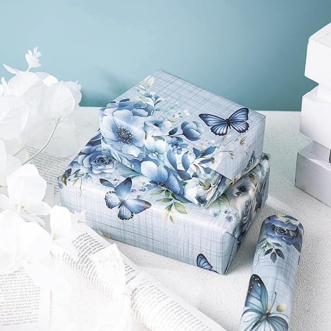 WRAPAHOLIC Dusty Blue Floral Wrapping Paper Roll - Mini Roll - 17 Inch x 9.8 Feet - Butterfly Flower Design, Perfect for Birthday, Wedding, Bridal Shower