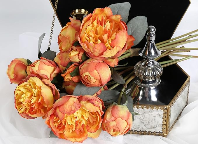 Fake Peonies 2 Bouquets Vintage Silk Peonies Flower 14 Heads Orange Artificial Flowers with Stems for Terracota Wedding Decoration Flowers Crafts Floral Arrangement (Orange)