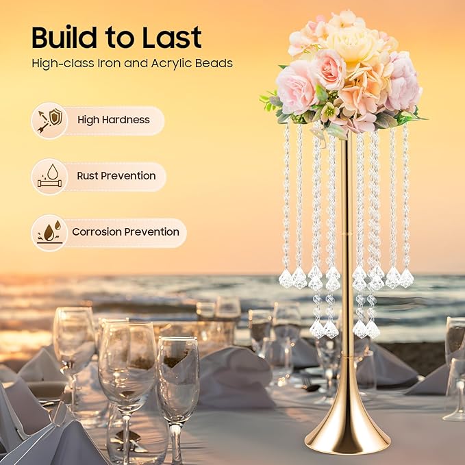 10 Pieces Centerpiece Gold Crystal Vase, 21.9 Inch Acrylic Crysta Wedding Flower Stand, for Wedding Reception, Party, Banquet, Hotel Decorations