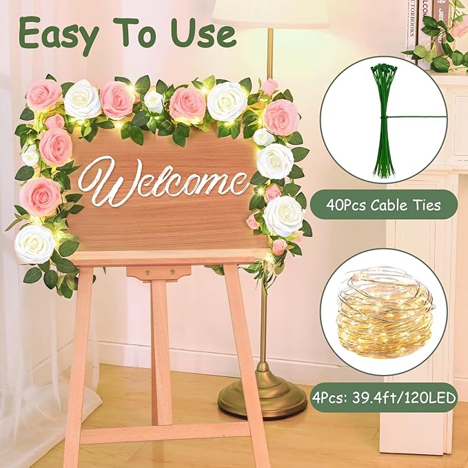 4 Pcs Flower Garland with 39.2 Ft Lights, 26.4 Ft Pink & White Floral Garland Fake Flowers for Wedding Arch Party Wall Garden Room Decor