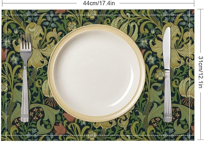Vintage Floral Placemats Set of 4, William Morris Retro Boho Botanical Plant Place Mats, Heat Resistant Non Slip Cotton Linen Dining Table Mats for Home Kitchen Party 18x12 Inch