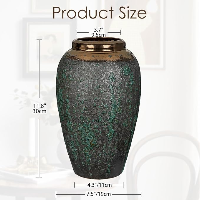 Ceramic Flower Vase, 12" Rustic Farmhouse Flower Vase with Wide Bronze Mounth, Vintage Tall Terracotta Vase for Home Office Resto Café Decoration