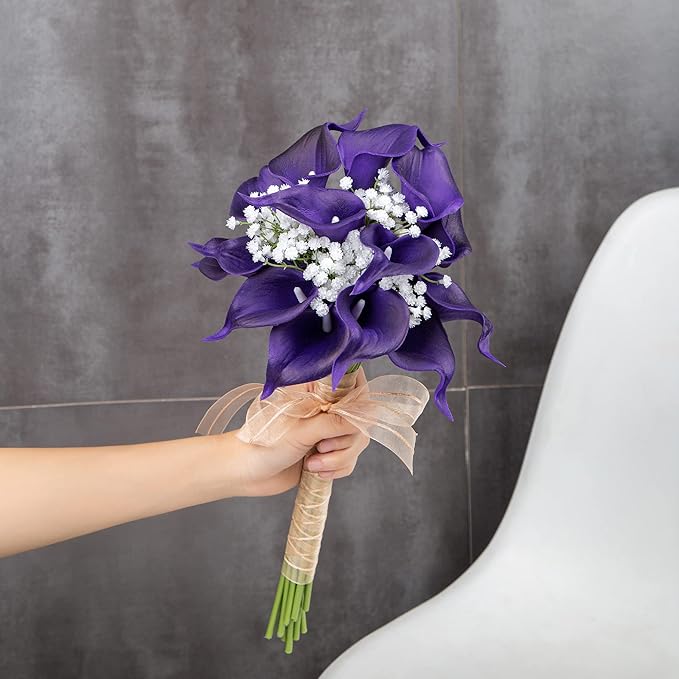 DuHouse 20Pcs Artificial Calla Lily Flower Real Touch Latex Flowers for DIY Wedding Bouquet Party Home Decor (Dark Purple)