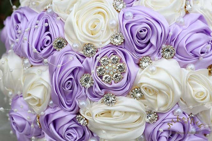 Bridal Wedding Bouquet Round Bling Brooch Bouquet Throw Toss Artificial Rose Flower Bunch for Bride Bridesmaid Wedding Quinceanera(Light Purple & Ivory, 8.7")
