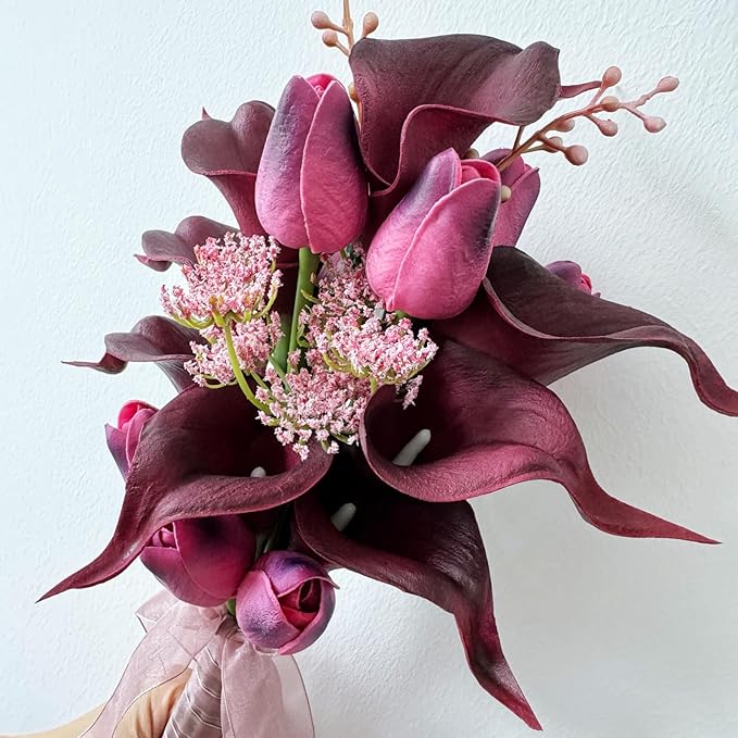 Floral Bouquet 10 Artificial Calla Lilies with 8 Artificial tulip flowers,Bridesmaid Bouquet with Wedding Ceremony Festivals Anniversary Bridal Rehearsal Party Bar Table Decor (dark red)
