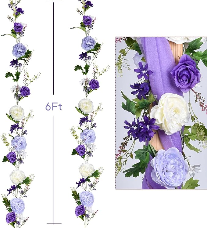 2 Pack Artificial Peony Flower Garland - 6ft Silk Peony Garland Flowers Vine Purple and White Peony Silk Roses Flowers for Wedding Arch Party Table Decoration