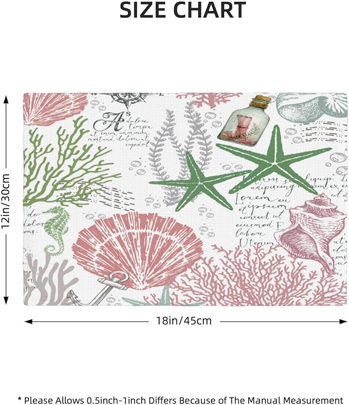 Summer Ocean Placemats Set of 4,Nautical Coastal Pink Green Starfish Seashell Coral Theme Linen Table Mats for Home Kitchen Dining Party Decor 6 PCS
