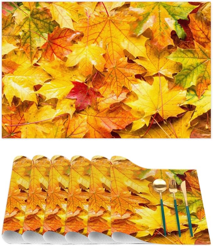 Autumn Maple Leaf Fall Placemats Set of 6 PVC Vinyl Non Slip Table Mats Heat Resistant Place Mats Washable Wipeable Dining Table Mat for Kitchen Decor Party Indoor Outdoor Decorative Gift