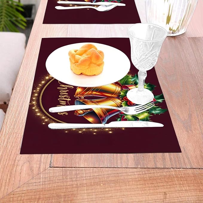 PVC Placemats Set of 4 Wipeable Table Mats Washable Heat Resistant Non Slip Vinyl Dining Table Mat for Kitchen Indoor Outdoor Patio Farmhouse Place Mats Christmas Bell Red Decorative