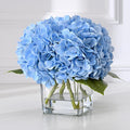 BLEUM CADE Luxury PU Fake Flowers in Vase with Faux Water, Blue Real Touch Hydrangea Artificial Flowers with Glass Vase for Office Home Dining Room Centerpiece Table Decorations