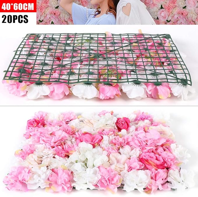 20pcs 24" x 16" Artificial Flower Wall Panel Background,3D Silk Hydrangea Rose Flowers Wall Backdrop for Wedding Party Event Photo Stage Backdrop Wall Decor (Deep Pink Champagne)