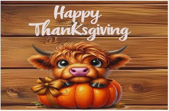 Thanksgiving Pumpkin Highland Cow Placemats Set of 6 PVC Vinyl Non Slip Table Mats Heat Resistant Place Mats Washable Wipeable Dining Table Mat for Kitchen Decor Party Indoor Outdoor Decorative Gift