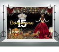 Red Dress Rose Flower Backdrops Quinceanera Birthday Backdrop for Girl Princess Happy 15th Bday Carriage Photography Props Cake Table Banner 10x7FT BJLSLU310