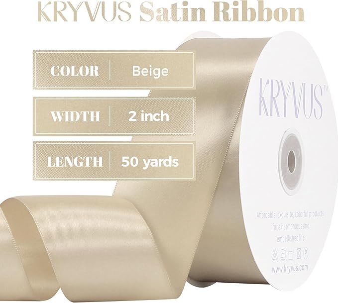 Beige Satin Ribbon, Double Faced 2 Inch X 50 Yards Beige Ribbon, Premium Satin Ribbon for Gift Wrapping, Crafts, Hair Bow Making, Sewing, Flower Bouquet, Wedding Party Decor