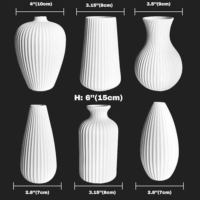 6'' White Ceramic Ribbed Bud Vases in Bulk, Set of 6 Small Pampas Grass Flower Vase for Modern Farmhouse, Boho Home Decor, Living Room, Vintage Wedding Centerpiece, Table, Shelf Decoration