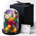 Preserved Rose with Butterfly, LED Forever Flowers in Glass Dome, Eternal Flowe for Women, Birthday Gifts for Mom Friend, Includes Greeting Card & Luxury Gift Box (Purple)