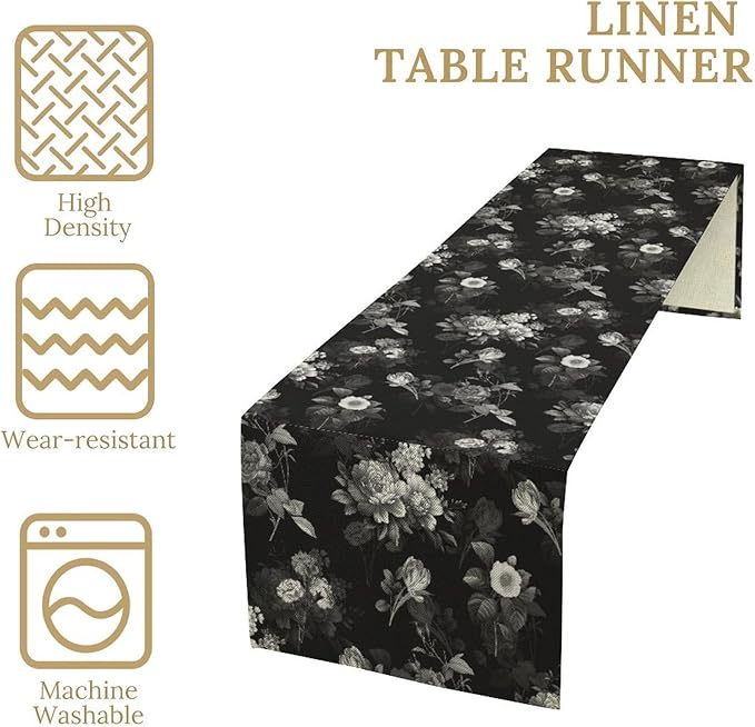 Vintage Botanical Table Runner, Abstract Watercolor Black White Gothic Flower Leaves Plants Print Table Runner for Seasonal Home Decoration Indoor Outdoor Party Decor, 13x120inch