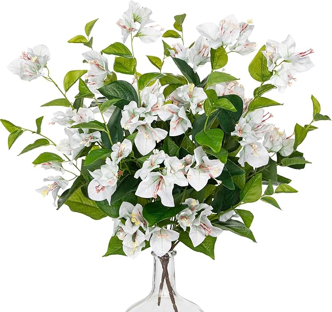 Hollyone 2Pcs Bougainvillea Artificial Flowers Bouquets White Fake Flower Silk Flowers with Long Stem Floral Arrangements Faux Bougainvillea Flower Plant for DIY Wedding Party Centerpieces Home Decor