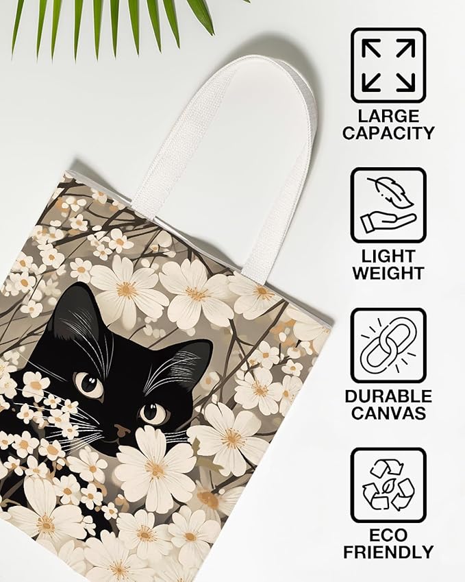 Floral Cat Print Canvas Tote Bag for Women Cat Lovers Kitten in White Flowers Reusable Grocery Shoulder Bag for Shopping Work Beach Travel Aesthetic Totes Gifts