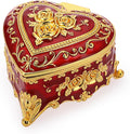 Hipiwe Heart Shape Jewelry Box Classic Metal Trinket Organizer Ring Storage Box with Rose Pattern Jewelry Storage Box for Ring Earrings Necklace, Gift for Women, Red