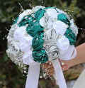Bridal Wedding Bouquet Round Bling Brooch Bouquet Throw Toss Artificial Rose Flower Bunch for Bride Bridesmaid Wedding Quinceanera(Dark Green, Silver & White, 8.7")