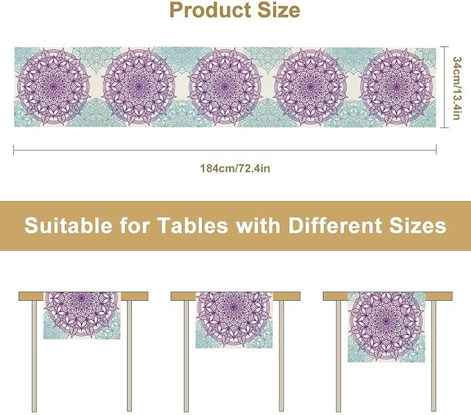 Boho Mandala Table Runner, Purple Blue Bohemian Floral Table Decor Runner for Kitchen Dining Indoor Outdoor Party Decoration, 13x108 Inch