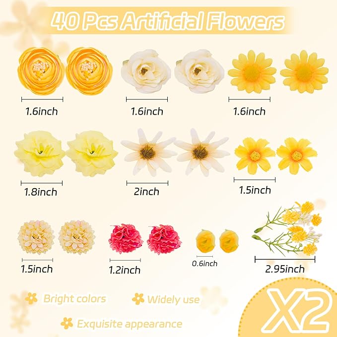 Fabric Flowers Heads for Craft, 40 Pcs Yellow Flowers Mini Fake Flowers Heads, Artificial Flowers Faux Daisy Fake Rose, Silk Flowers Artificial Daisy for Hair Decoration, Wreath Making, Scrapbooking