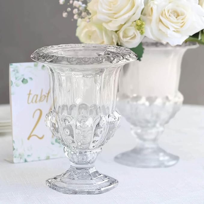 Efavormart 2 Pack Clear Glass Flower Vases in Classic Roman Urn Style, Mini Pedestal Vase Table Centerpieces - 8"