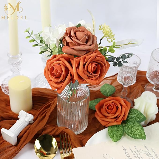 Meldel Artificial Flowers 50pcs Real Looking Orange Foam Fake Roses with Stems for DIY Wedding Bouquets Bridal Shower Centerpieces Floral Arrangements Home Decorations Bulk Rose