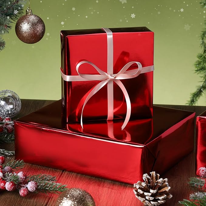 LaRibbons Red Metallic Wrapping Paper, 17 Inch X 40 Feet (56.6 sq.ft) Solid Color Paper Roll, Gift Wrapping Paper Rolls for Wedding, Birthday, Christmas, Baby Shower