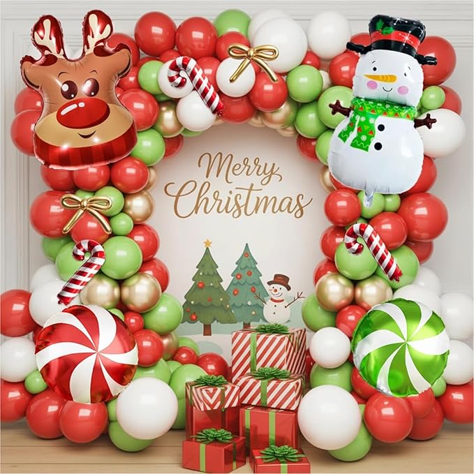 Christmas Balloons Decorations Red Green Gold White Balloon Garland Arch Kit with Snowman Reindeer Candy Cane Foil Mylar Balloon for Merry Christmas Xmas New Year Baby Shower Birthday Party Decoration