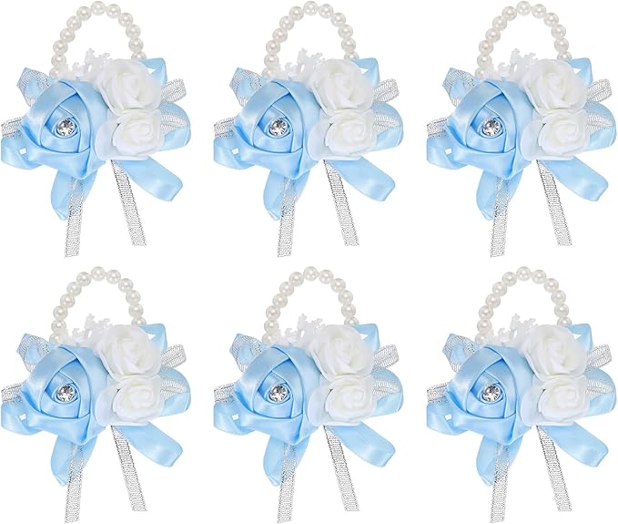 MECCANIXITY 6Pcs Wrist Corsage Artificial Flower Bracelets Rose Wrist Bride Groom Decorative for Wedding Ceremony Prom Party Anniversary Sky Blue
