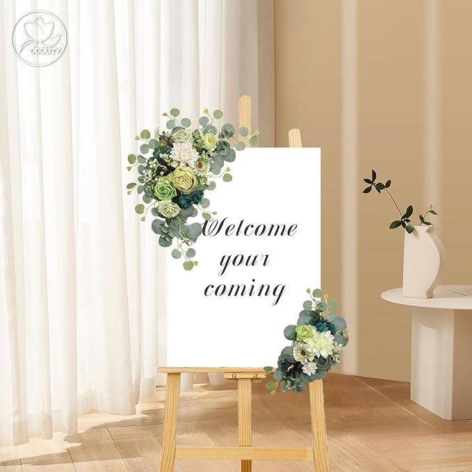 Artificial Wedding Arch Flowers for Wedding Sign,Set of 2 for Wedding Welcome Ceremony Sign,Faux Floral Swags,Wedding, Banquet and Reception Backdrop Floral Decoration (Dark Green)