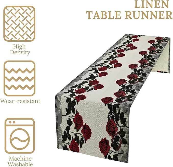 Red Rose Print Table Runner, Romantic Vintage Rose Summer Dark Flower Dinner Runner Table Decoration for Home Kitchen Dining Holiday Wedding Party 13x70in